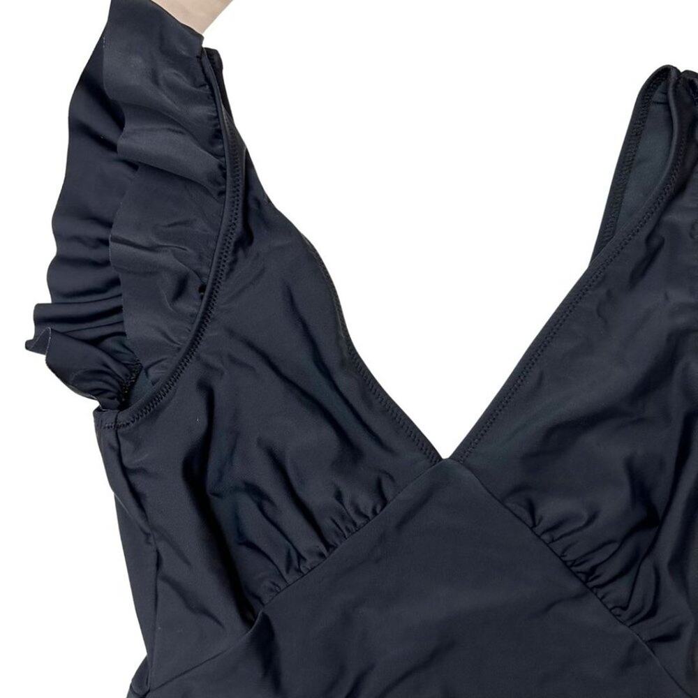CUPSHE One Piece Swimsuit V Neck Ruched Ruffle Shoulder Black M - Picture 4 of 6